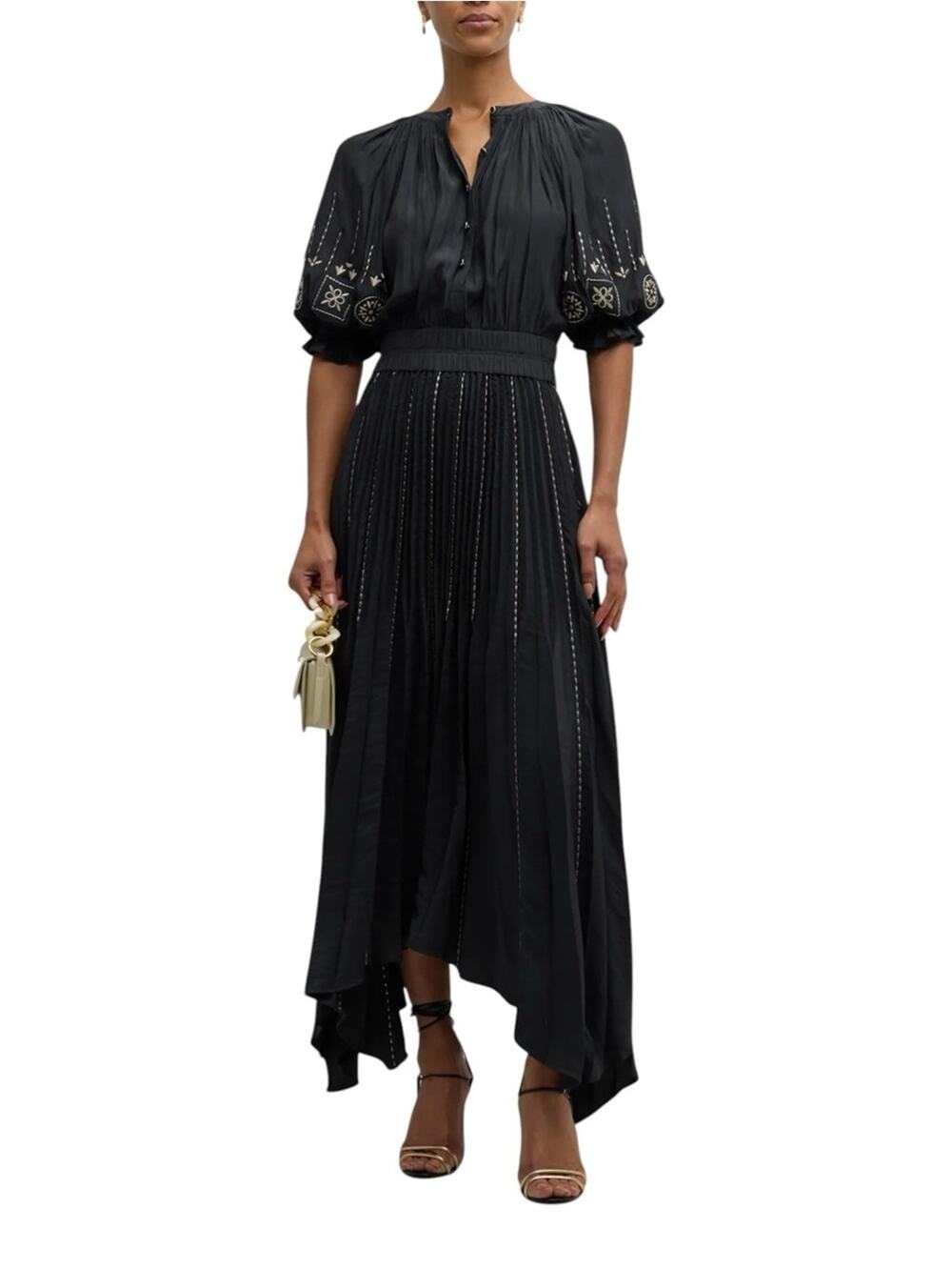 Ramy Brook Grace Black Embroidered Pleated Puff Sleeve Dress Small